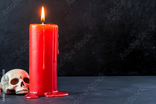 A haunting scene of a burning candle surrounded by skulls and eerie glowing red wax dripping onto a black altar photo