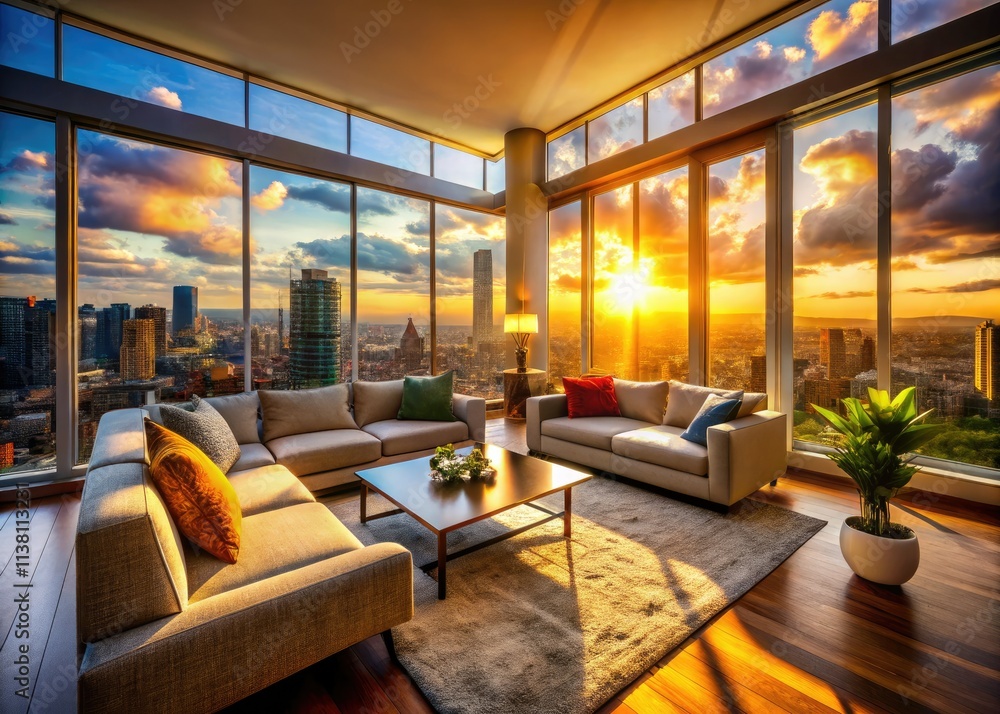 Sun-drenched modern living room, aerial view shows cozy city skyline framed by large windows. Sun-drenched modern living room, aerial view shows cozy city skyline framed by large windows.