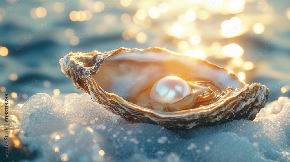Beautiful open oyster with a big pearl inside on white sea foam against a blurred blue water background