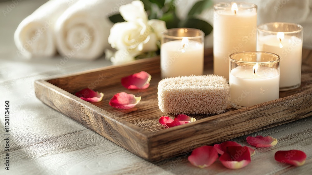 A relaxing home spa scene with a wooden tray holding a loofah, scented candles, and fresh rose petals A relaxing home spa scene with a wooden tray holding a loofah, scented candles, and fresh rose petals