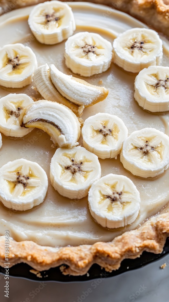 A close-up of a banana cream pie topped with banana slices in a crust. A close-up of a banana cream pie topped with banana slices in a crust.