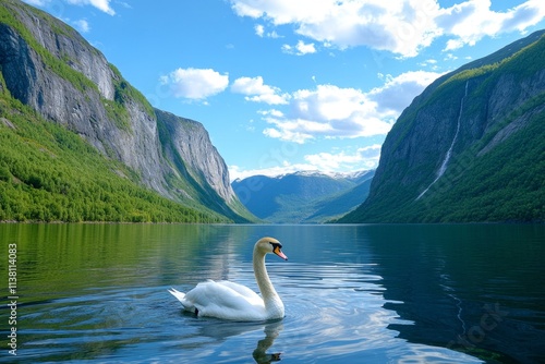 Fototapeta Naklejka Na Ścianę i Meble -  A lone swan gliding across a fjord surface, creating gentle ripples that spread outward in the calm water