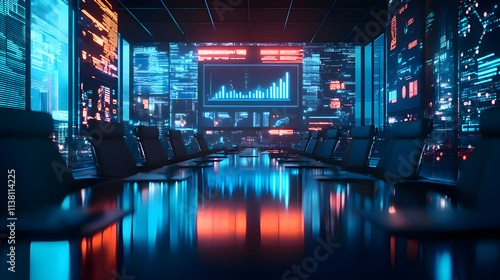 Futuristic Tech Conference Room 3D Illustration: Neon Lights, Data Streams, and Modern Design