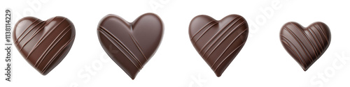 Dark chocolate hearts with a glossy finish, showcasing various sizes and textured surfaces, ideal for romantic occasions or sweet treats.