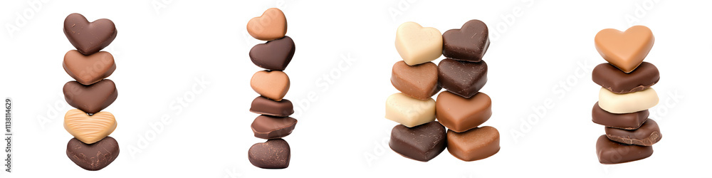 Stacks of heart-shaped chocolates in various colors and textures arranged vertically. Stacks of heart-shaped chocolates in various colors and textures arranged vertically.