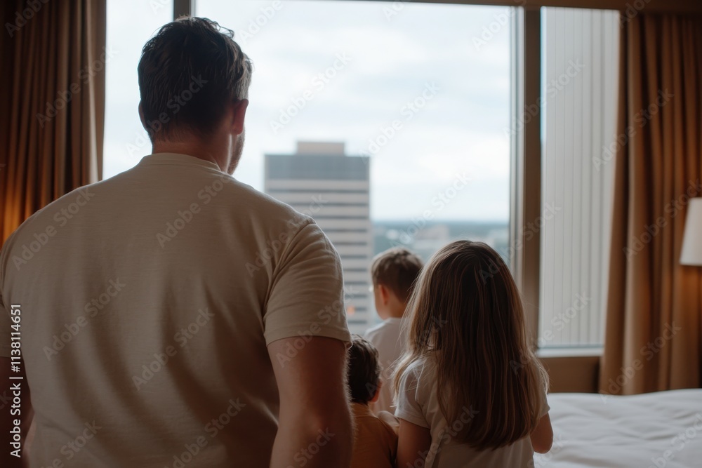 A family stands together, looking out at a beautiful cityscape from their hotel room window, enjoying a moment of togetherness and connection amidst the urban scenery. A family stands together, looking out at a beautiful cityscape from their hotel room window, enjoying a moment of togetherness and connection amidst the urban scenery.