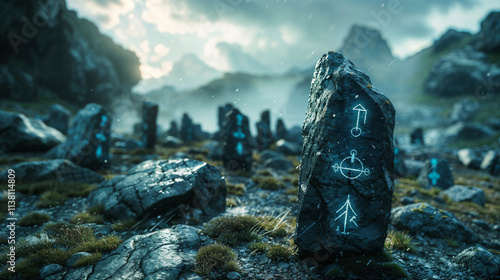 Surreal landscape with towering, otherworldly rock formations carved with mystical symbols and glyphs, suggesting a fantastical, otherworldly realm photo