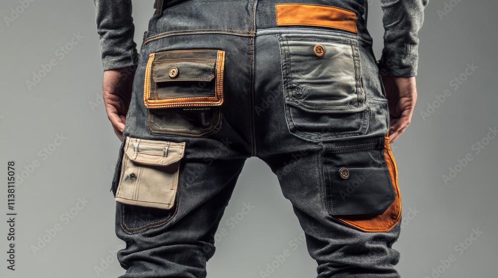 Black denim cloth texture with pockets with stitches and rivets. Vector realistic background of dark gray jean fabric with samples of different pockets for pants back Black denim cloth texture with pockets with stitches and rivets. Vector realistic background of dark gray jean fabric with samples of different pockets for pants back