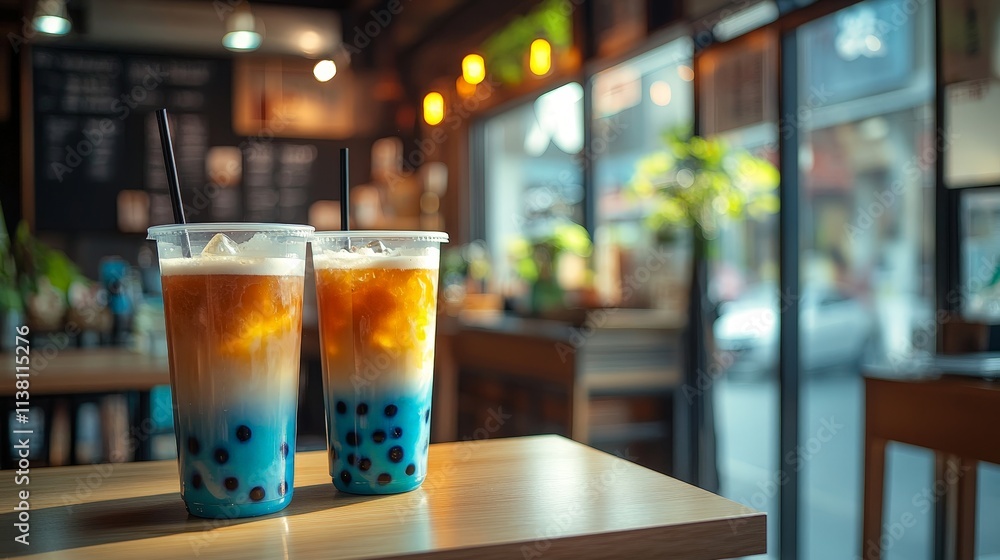 Iced matcha latte and coffee on a wooden tray Iced matcha latte and coffee on a wooden tray