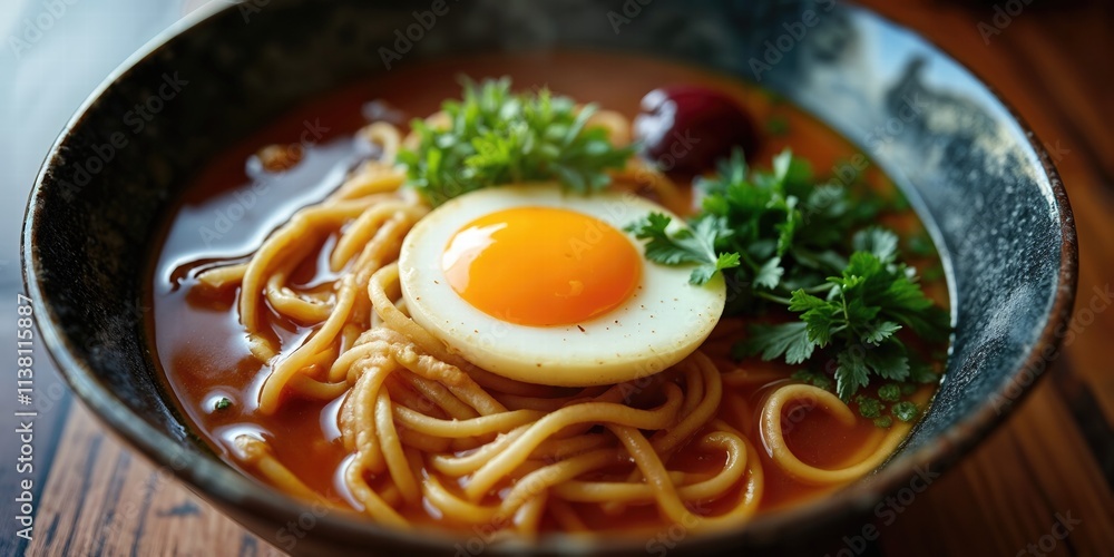A Hearty Bowl Of Ramen With Rich Broth, Soft-Boiled Egg, And Noodles A Hearty Bowl Of Ramen With Rich Broth, Soft-Boiled Egg, And Noodles