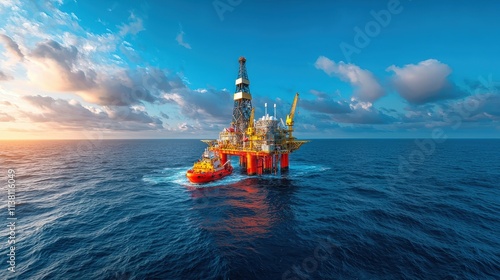 A large oil rig is floating in the ocean