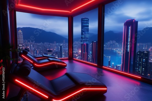 A neon-lit cyberpunk gym with holographic weights  glowing treadmills  and a futuristic cityscape visible through large glass windows