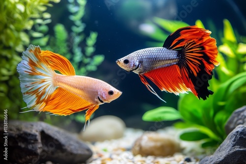 A pair of colorful guppies swimming in a planted aquarium, surrounded by lush greenery and smooth pebbles