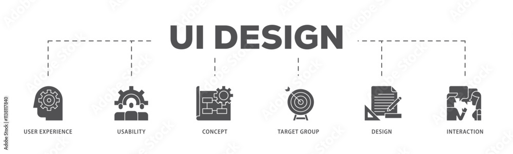 User interface design infographic icon flow process which consists of target group, interaction, design, concept, usability, user experience icon live stroke and easy to edit . User interface design infographic icon flow process which consists of target group, interaction, design, concept, usability, user experience icon live stroke and easy to edit .