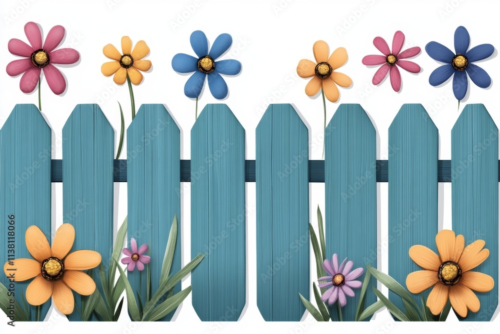 Obraz premium A playful 2D illustration of a colorful picket fence, surrounded by cheerful flowers and drawn with bold outlines on a white background