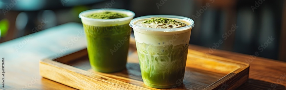 Iced matcha latte and coffee on a wooden tray Iced matcha latte and coffee on a wooden tray