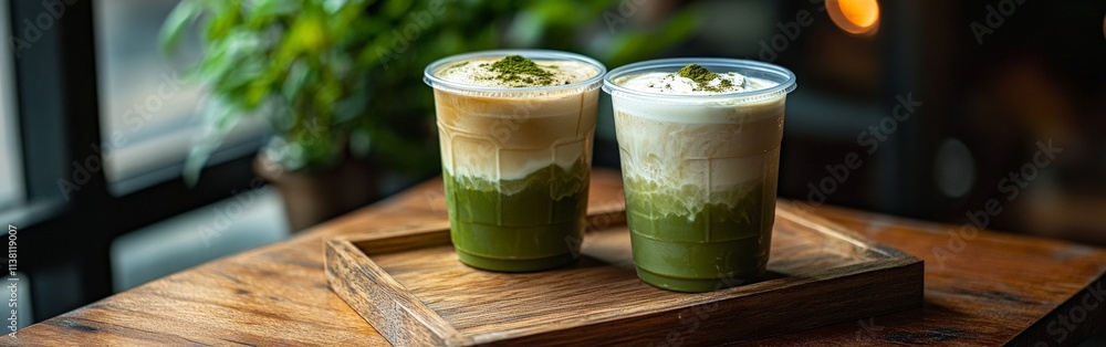 Iced matcha latte and coffee on a wooden tray Iced matcha latte and coffee on a wooden tray