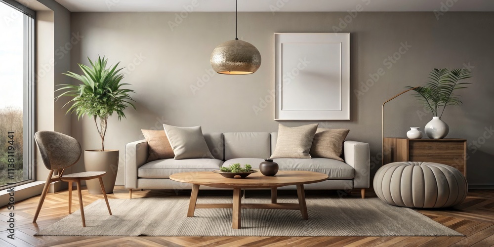 Minimalist Living Room with Large Mock-Up Poster, Wooden Table, and Stylish Spherical Lamp for Interior Design Inspiration and Home Decor Ideas Minimalist Living Room with Large Mock-Up Poster, Wooden Table, and Stylish Spherical Lamp for Interior Design Inspiration and Home Decor Ideas