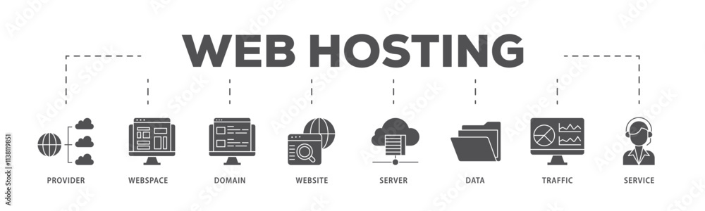 Web hosting infographic icon flow process which consists of provider, webspace, domain, website, server, data, traffic and service icon live stroke and easy to edit . Web hosting infographic icon flow process which consists of provider, webspace, domain, website, server, data, traffic and service icon live stroke and easy to edit .