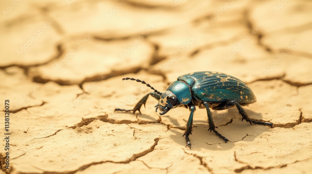 Vibrant Blue Beetle Crawling on Cracked Dry Soil in Sunlight Vibrant Blue Beetle Crawling on Cracked Dry Soil in Sunlight