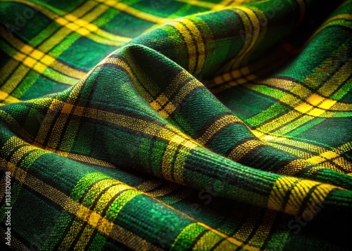 Night Photography: Green & Yellow Plaid Tweed Texture, Dark Background, Illuminated Fabric