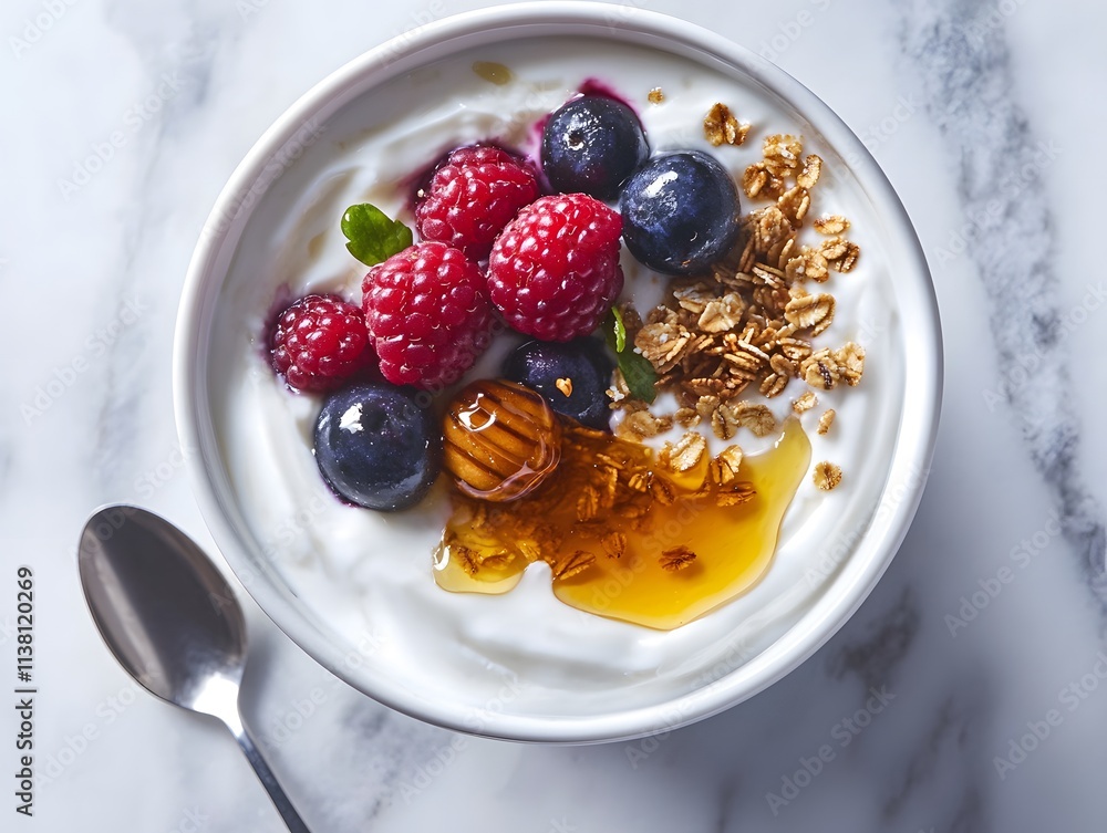 A bowl of yogurt topped with berries, granola, and honey, perfect for a healthy breakfast. A bowl of yogurt topped with berries, granola, and honey, perfect for a healthy breakfast.