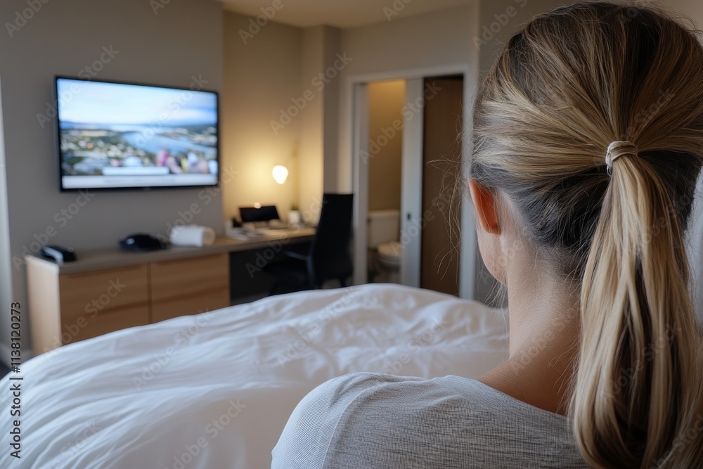 A serene hotel room depicts a guest seated on the bed, enjoying a view of the television while surrounded by modern decor and warm lighting from the room. A serene hotel room depicts a guest seated on the bed, enjoying a view of the television while surrounded by modern decor and warm lighting from the room.