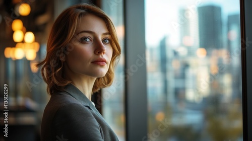 Woman in a grey blazer looking out a window Free Download Woman in a grey blazer looking out a window - GFXLoad