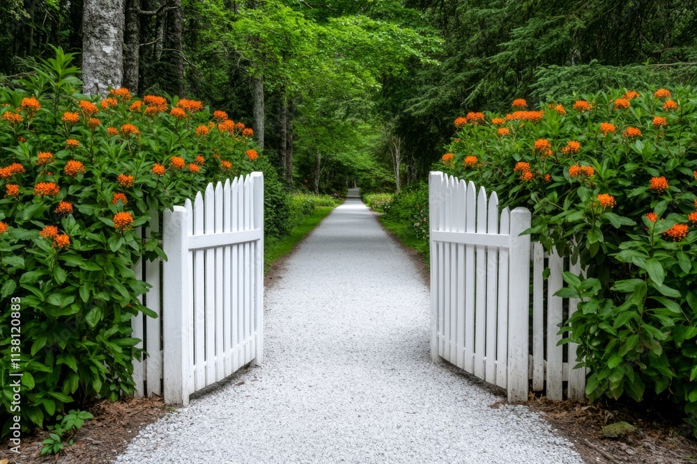 A small gate in a white picket fence, leading to a flower-filled garden, with a path inviting exploration A small gate in a white picket fence, leading to a flower-filled garden, with a path inviting exploration