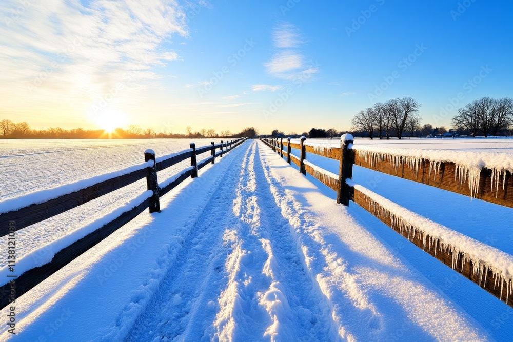 Fototapeta premium A snow-covered fence in a rural setting, with icicles hanging from the rails and soft morning light creating a peaceful scene