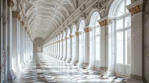 Antique Architectural Perspective  Colonnade Corridor in Palace with Arched Windows