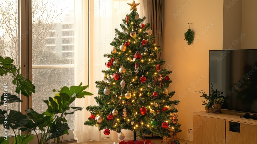 Festive Christmas Tree Decorated with Ornaments and Lights Indoors Festive Christmas Tree Decorated with Ornaments and Lights Indoors