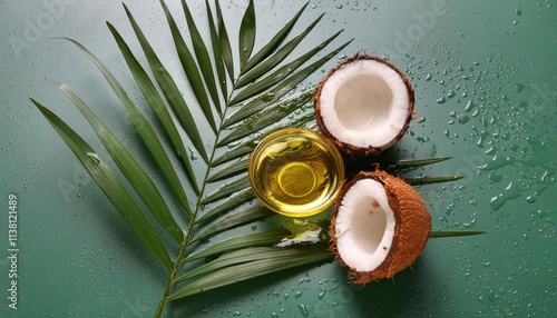 Coconut, Palm Leaves, and Splash of Cooking Oil on Beige Background
