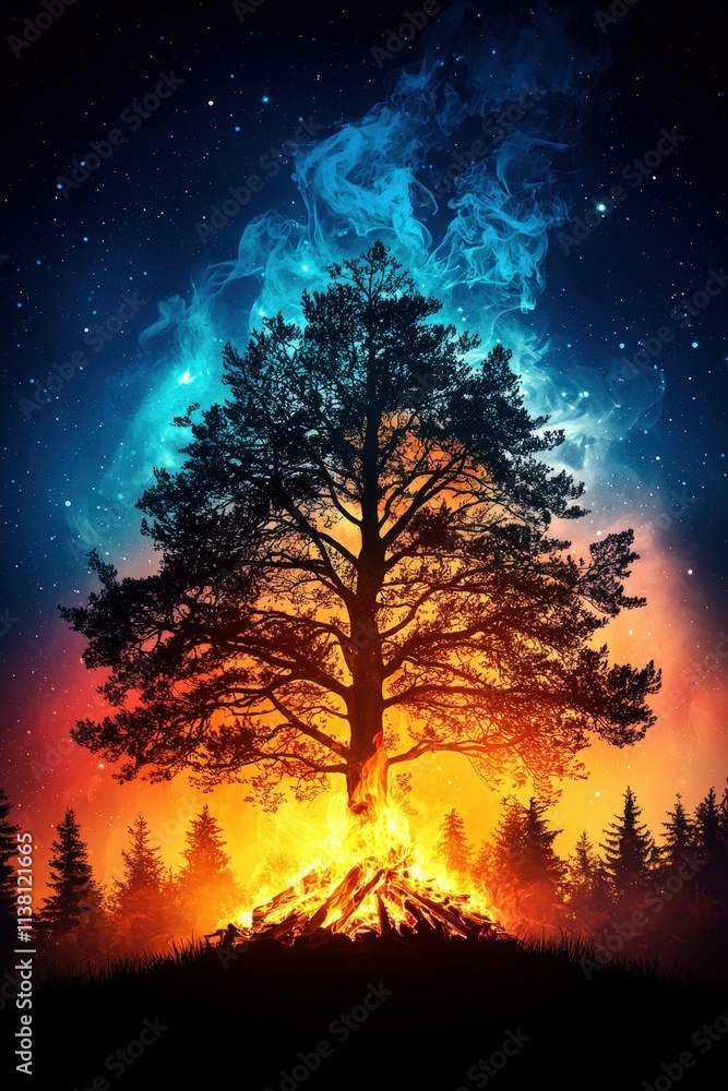 A tree with fire and smoke surrounding it A tree with fire and smoke surrounding it