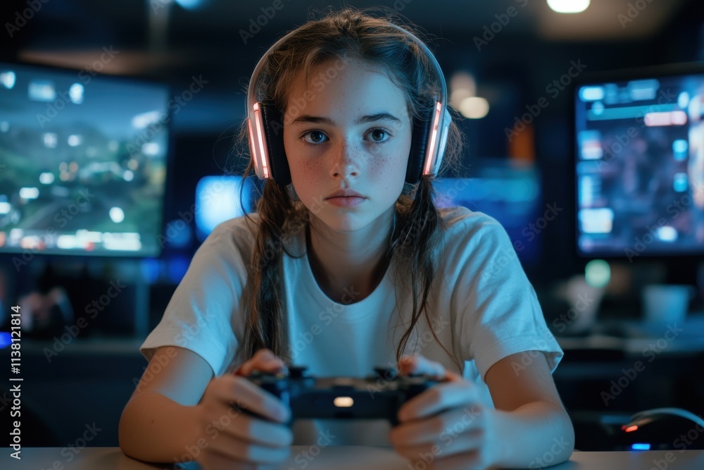 A determined young girl with headphones, intensely focused on her gaming screens, highlighting her concentration and passion for gaming in a vibrant, tech-infused environment. A determined young girl with headphones, intensely focused on her gaming screens, highlighting her concentration and passion for gaming in a vibrant, tech-infused environment.