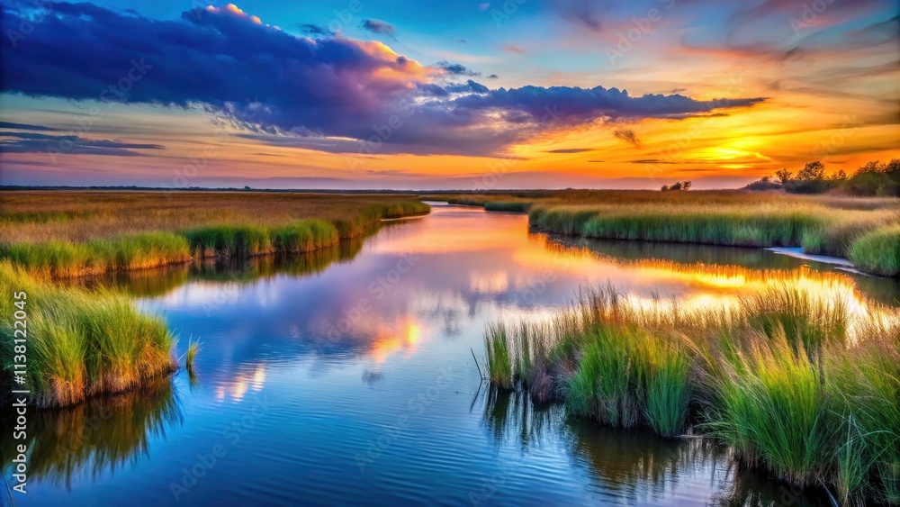 Serene River in the Marsh at Dusk - Captivating Low Light Photography of Nature's Tranquility and Reflection, Ideal for Landscape, Wildlife, and Outdoor Enthusiasts Serene River in the Marsh at Dusk - Captivating Low Light Photography of Nature's Tranquility and Reflection, Ideal for Landscape, Wildlife, and Outdoor Enthusiasts