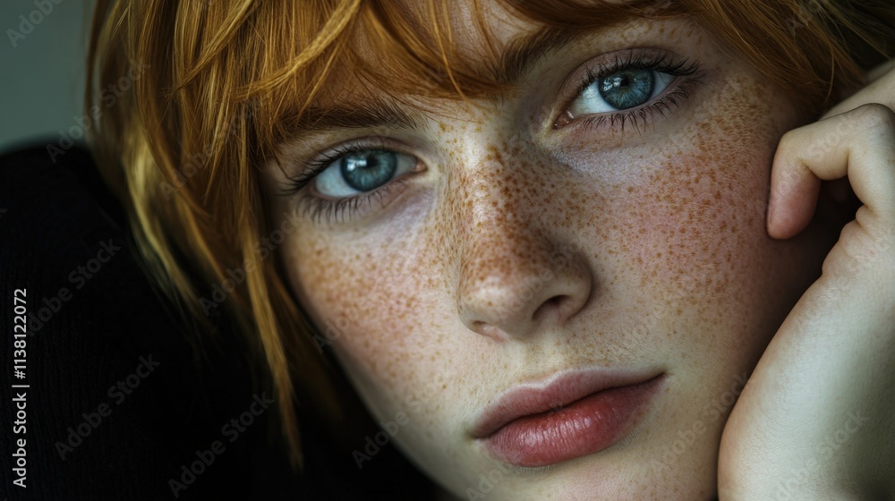 Close-up portrait of a person with freckles Close-up portrait of a person with freckles