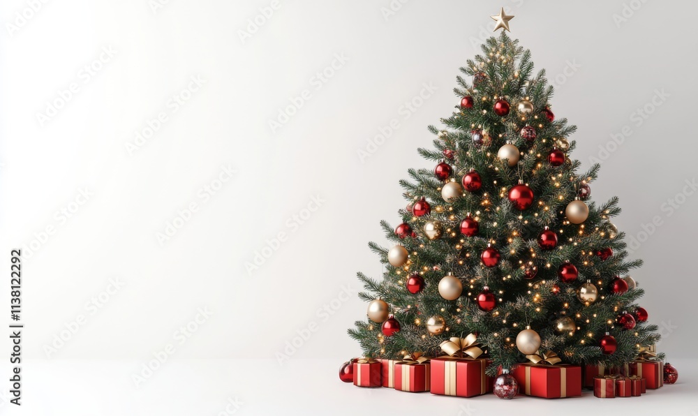 Decorated christmas tree with ornaments and lights on a white background, 3D illustration Decorated christmas tree with ornaments and lights on a white background, 3D illustration