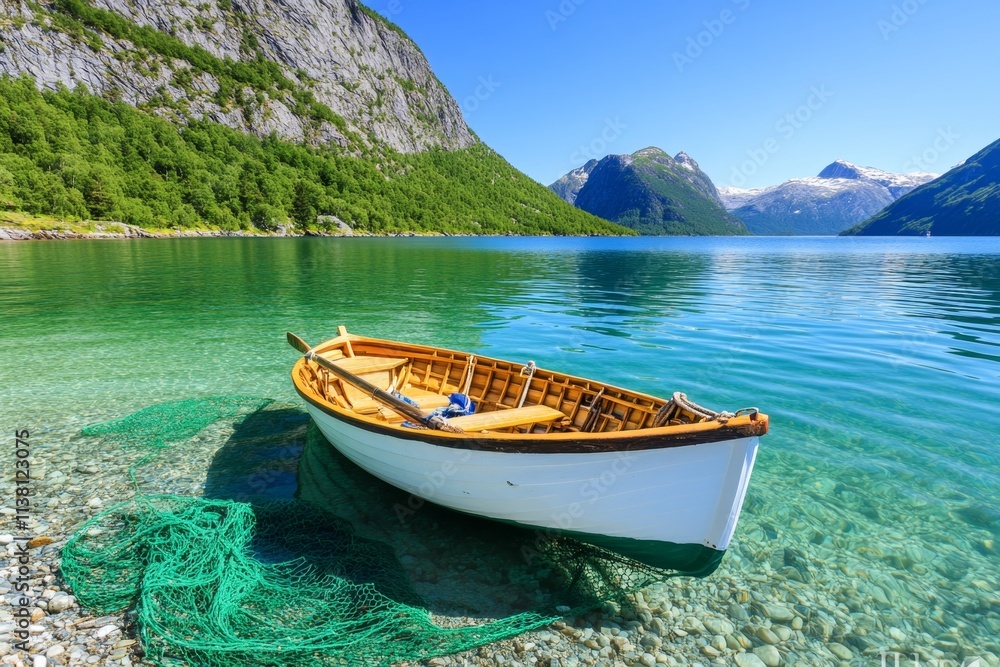 A traditional fishing boat anchored in the clear fjord water, with nets spread out nearby A traditional fishing boat anchored in the clear fjord water, with nets spread out nearby