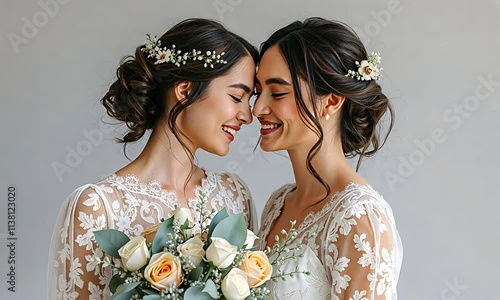 Passionate embrace between two beautiful young women models sharing a romantic kiss, Lesbian, LGBT, LGBQ History Month  photo