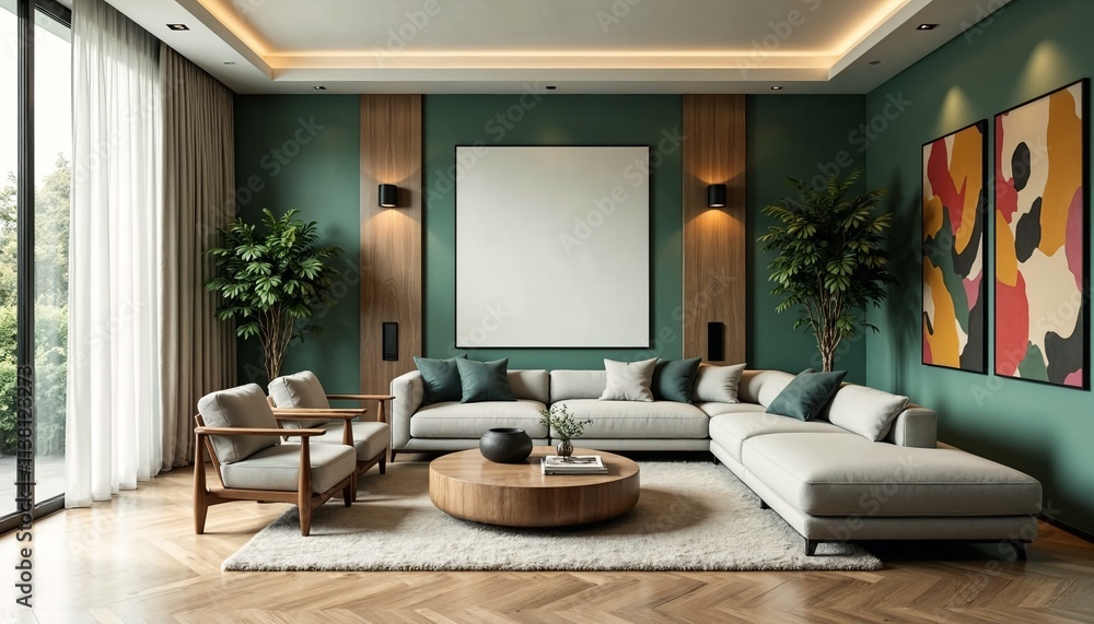 Stylish living space with muted green palette and mid-century modern furniture in 3D Stylish living space with muted green palette and mid-century modern furniture in 3D