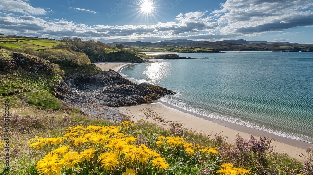 Obraz premium Scenic Coastal View with Vibrant Flowers and Calm Waters