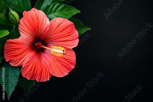 Wallpaper Mural A tropical hibiscus flower in vibrant red, with its petals highlighted by the sun and lush green leaves in the background Torontodigital.ca