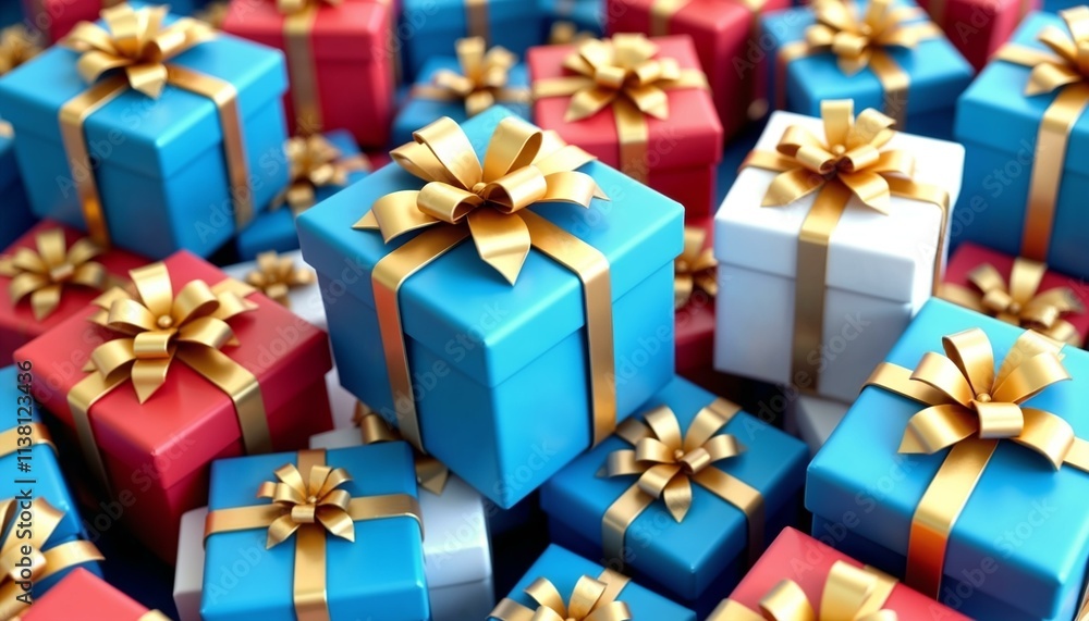 Fototapeta premium Cheerful pile of colorful gift boxes with intricate golden ribbons in high-resolution 3D