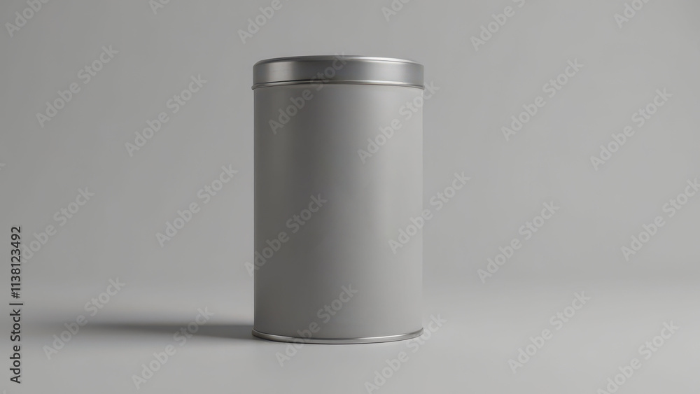 Tea tin packaging, plain silver tin container against a neutral background Tea tin packaging, plain silver tin container against a neutral background