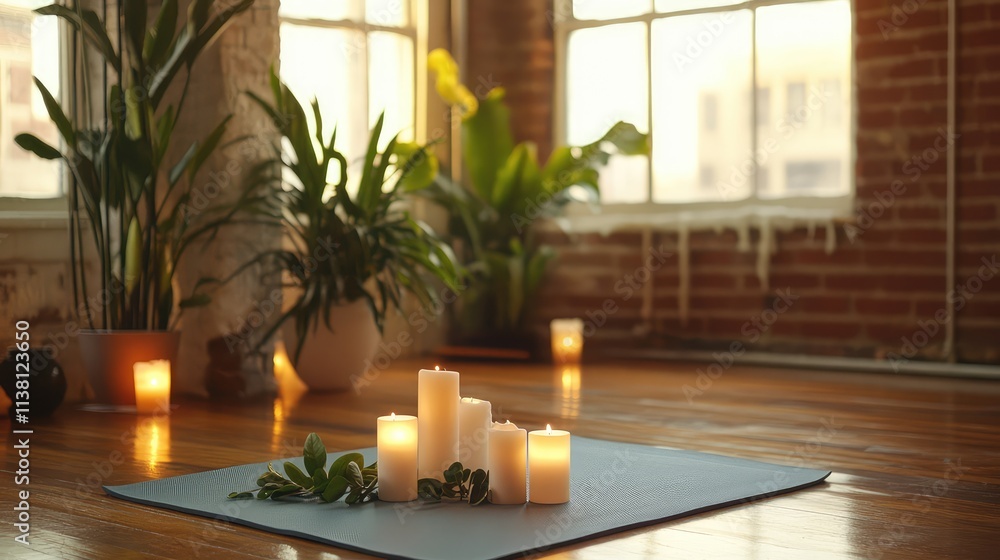 Serenity and Calm Atmosphere with Candles and Plants in Studio Serenity and Calm Atmosphere with Candles and Plants in Studio