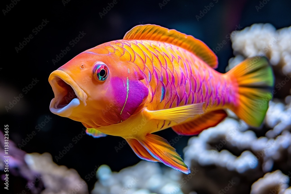 Naklejka premium A vibrant parrotfish feeding on algae in a coral reef, with its vivid rainbow-like scales glowing underwater