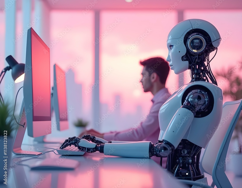 Obraz premium A humanoid robot working with a human in a sleek, minimalist office environment ia 