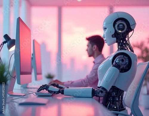 A humanoid robot working with a human in a sleek, minimalist office environment ia 