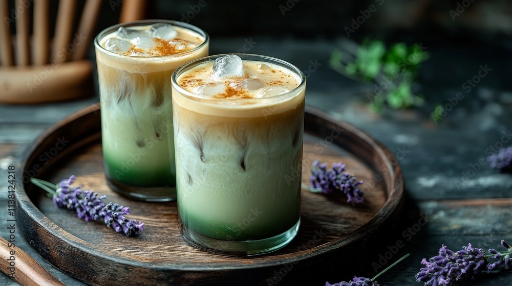 Refreshing Iced Matcha Latte and Coffee in Stylish Plastic Cups Refreshing Iced Matcha Latte and Coffee in Stylish Plastic Cups